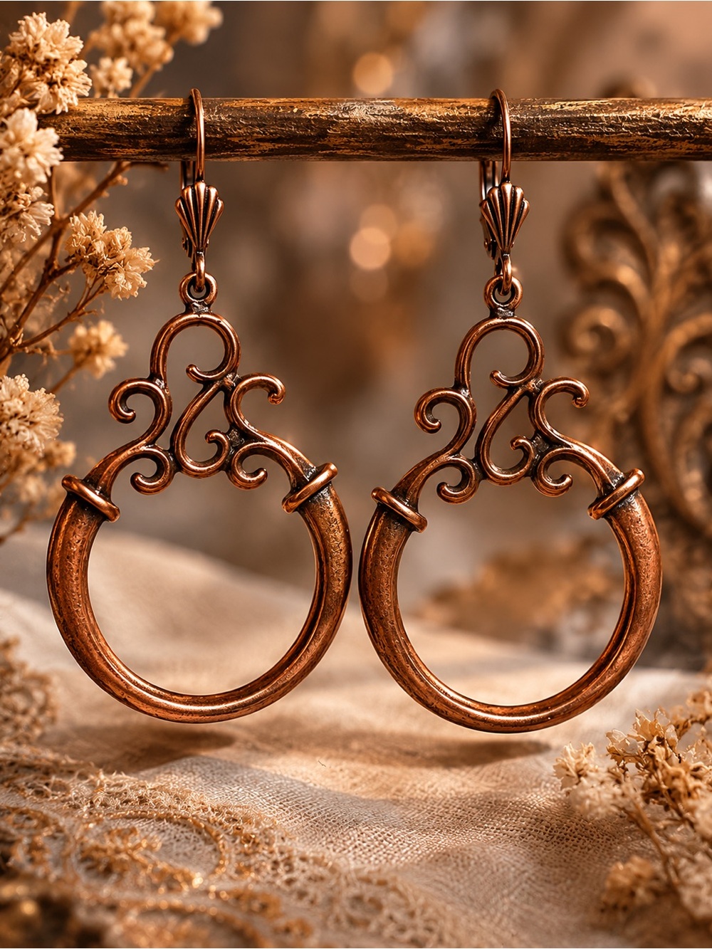 Copper Scrollwork Hoop Earrings - Statement Boho Jewelry - Picture 2 of 6